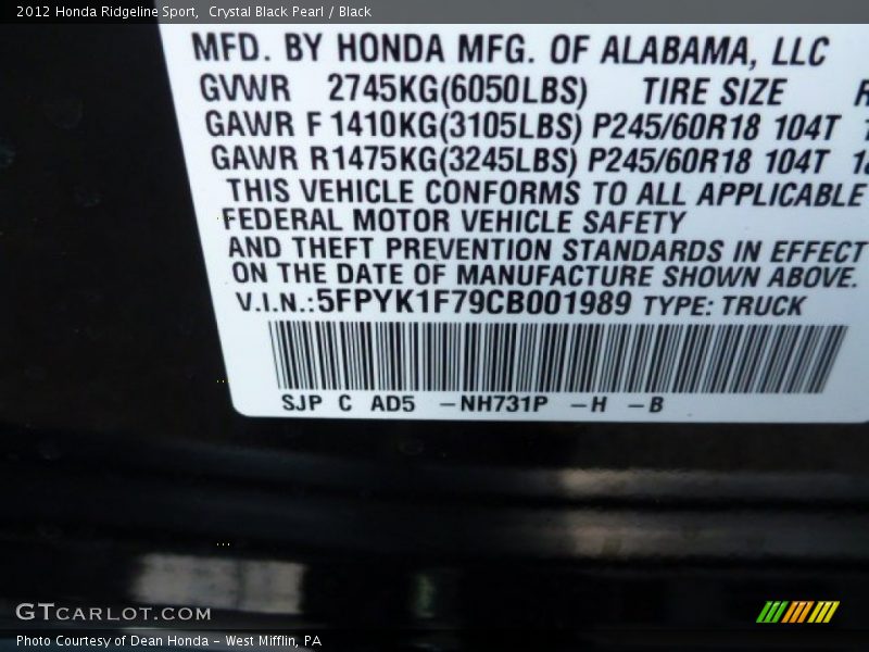 Crystal Black Pearl / Black 2012 Honda Ridgeline Sport