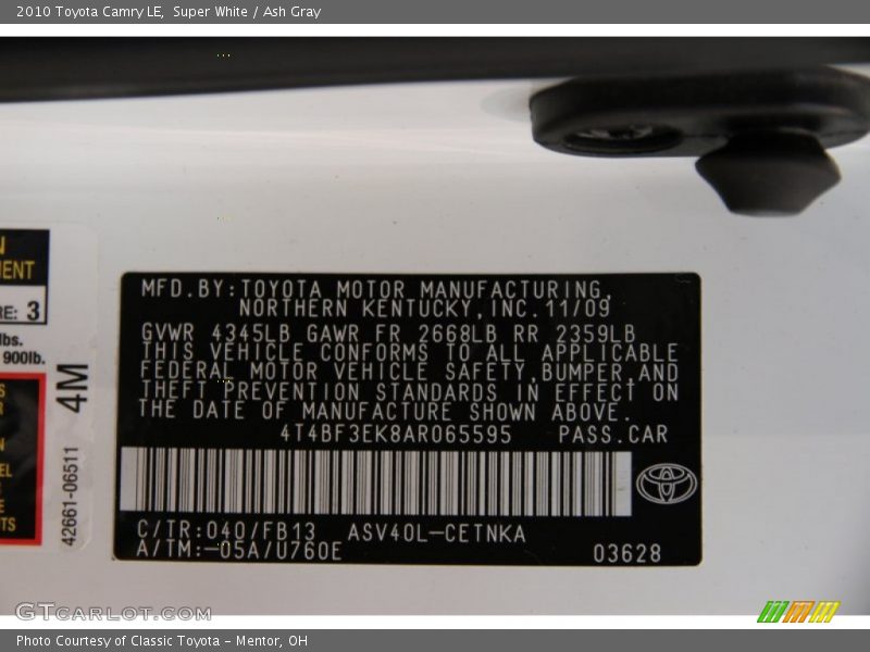 2010 Camry LE Super White Color Code 040