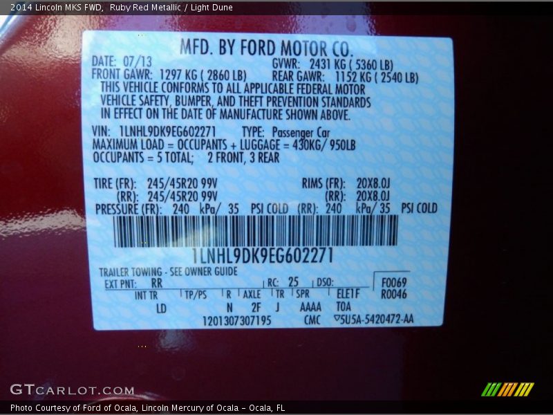 2014 MKS FWD Ruby Red Metallic Color Code RR
