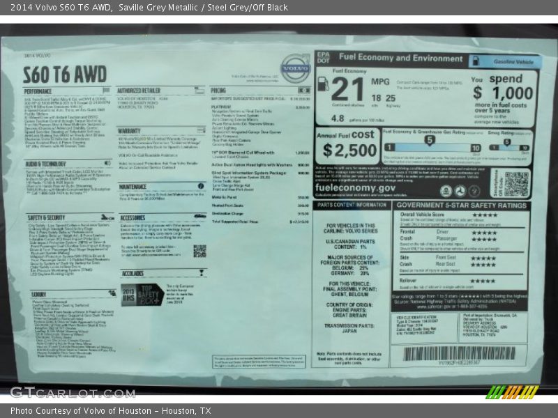  2014 S60 T6 AWD Window Sticker