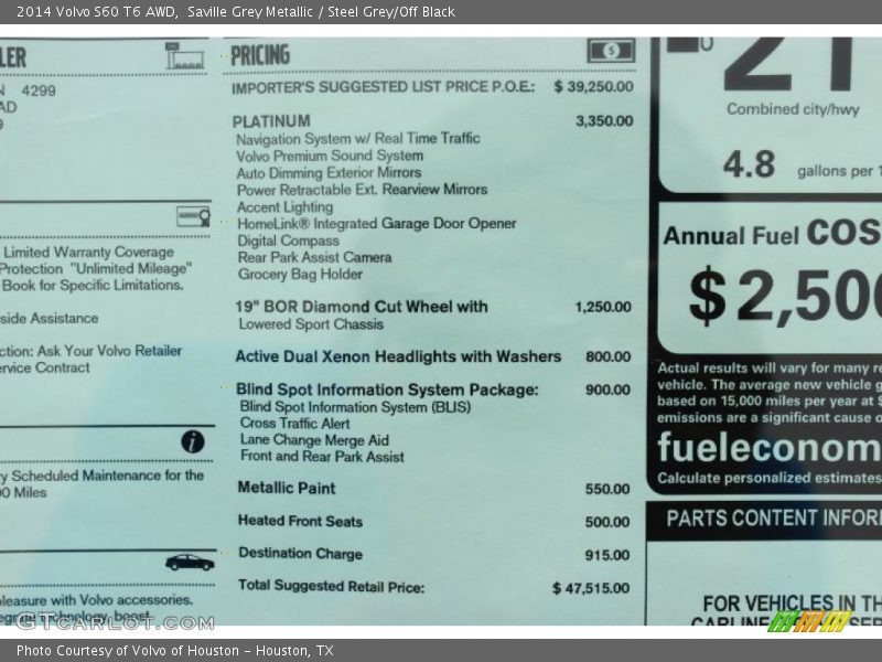  2014 S60 T6 AWD Window Sticker