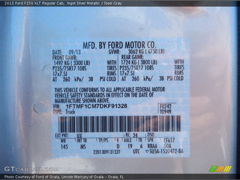 2013 F150 XLT Regular Cab Ingot Silver Metallic Color Code UX