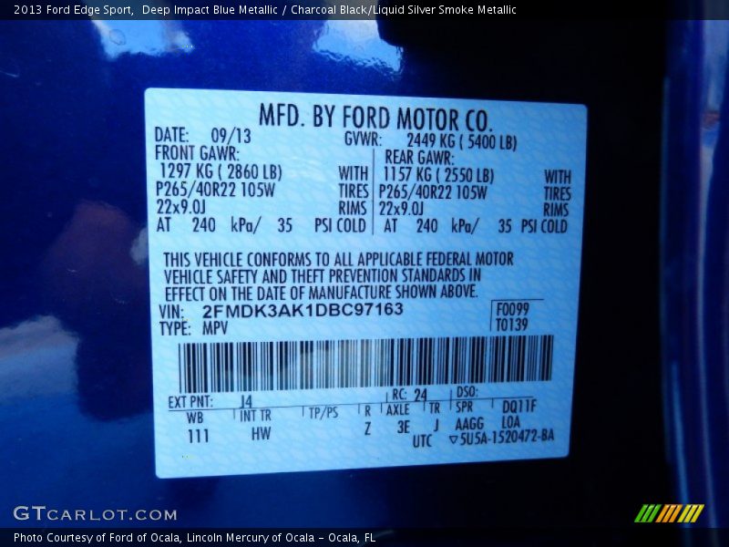 Deep Impact Blue Metallic / Charcoal Black/Liquid Silver Smoke Metallic 2013 Ford Edge Sport