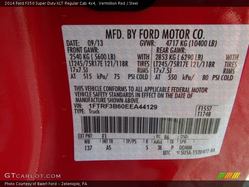 2014 F350 Super Duty XLT Regular Cab 4x4 Vermillion Red Color Code F1