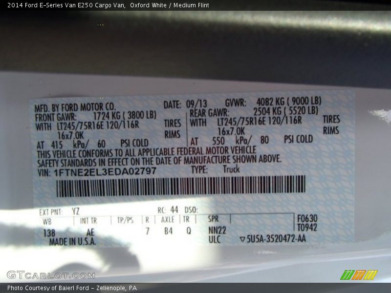2014 E-Series Van E250 Cargo Van Oxford White Color Code YZ