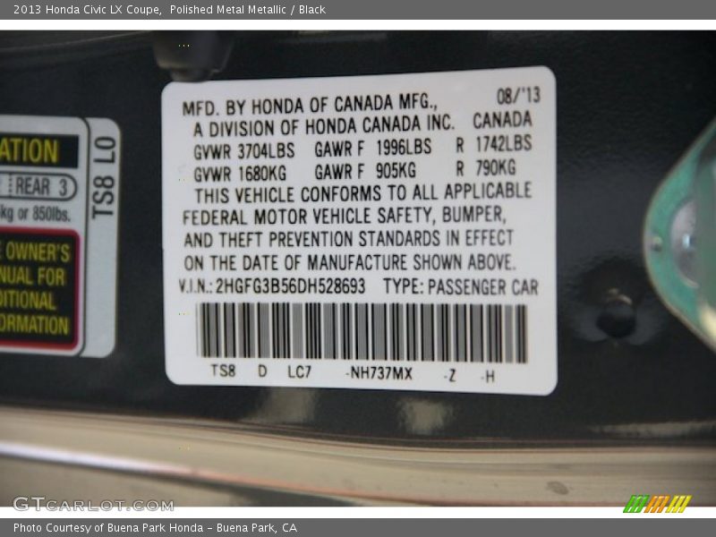 Polished Metal Metallic / Black 2013 Honda Civic LX Coupe
