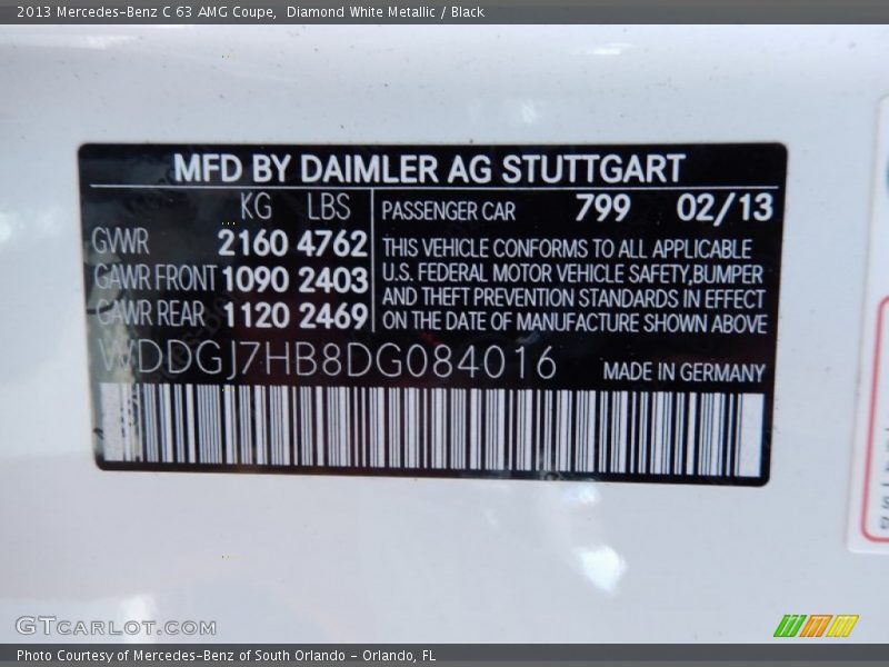 2013 C 63 AMG Coupe Diamond White Metallic Color Code 799