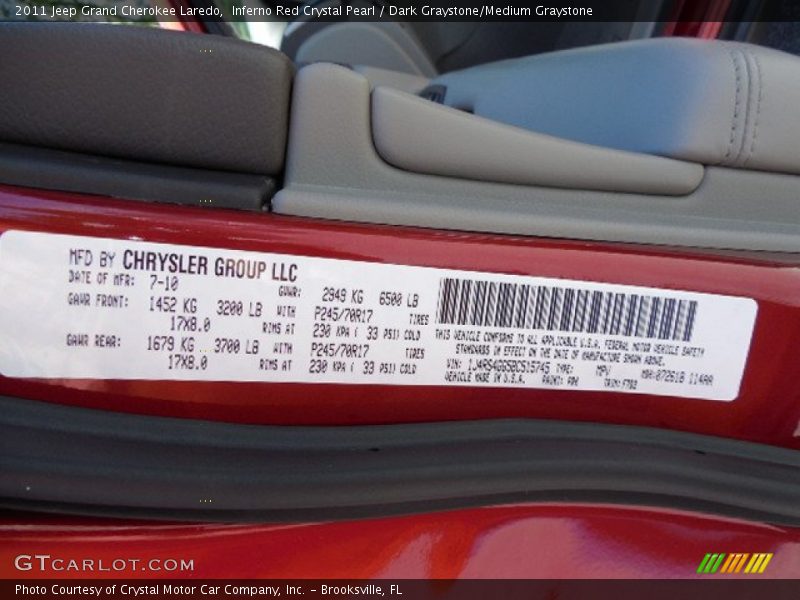 Inferno Red Crystal Pearl / Dark Graystone/Medium Graystone 2011 Jeep Grand Cherokee Laredo