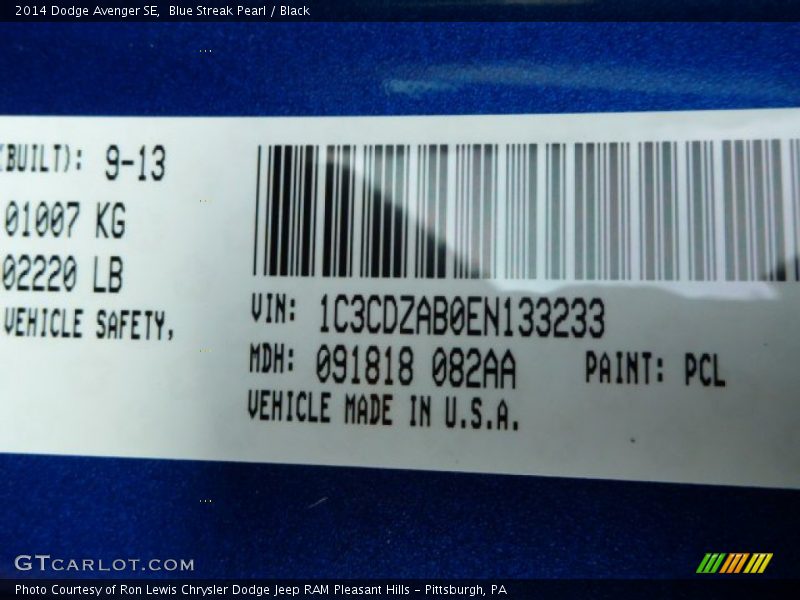 2014 Avenger SE Blue Streak Pearl Color Code PCL