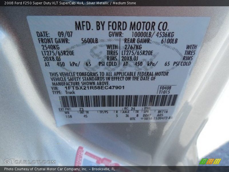 2008 F250 Super Duty XLT SuperCab 4x4 Silver Metallic Color Code Z3