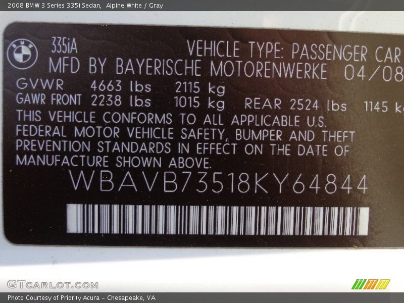 Alpine White / Gray 2008 BMW 3 Series 335i Sedan