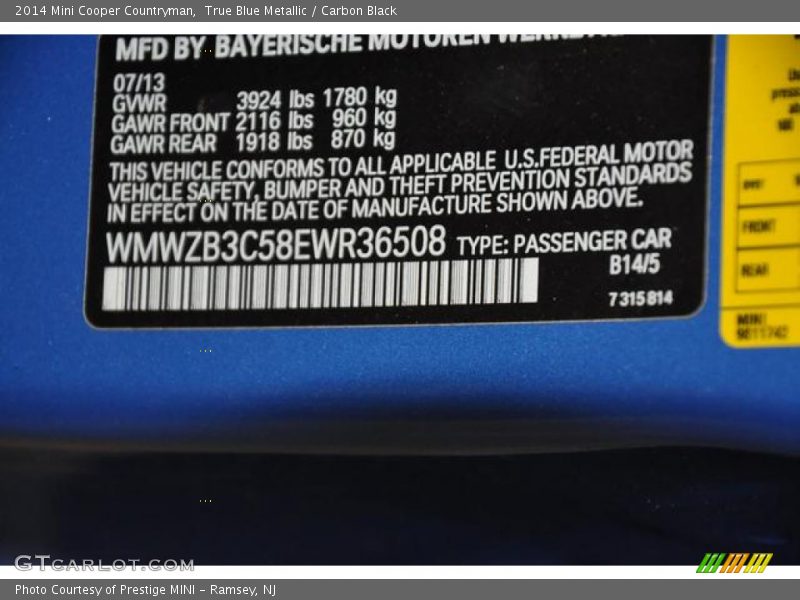 2014 Cooper Countryman True Blue Metallic Color Code B14