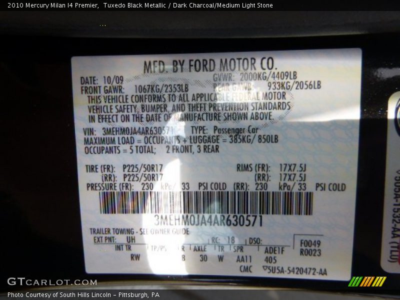 Tuxedo Black Metallic / Dark Charcoal/Medium Light Stone 2010 Mercury Milan I4 Premier