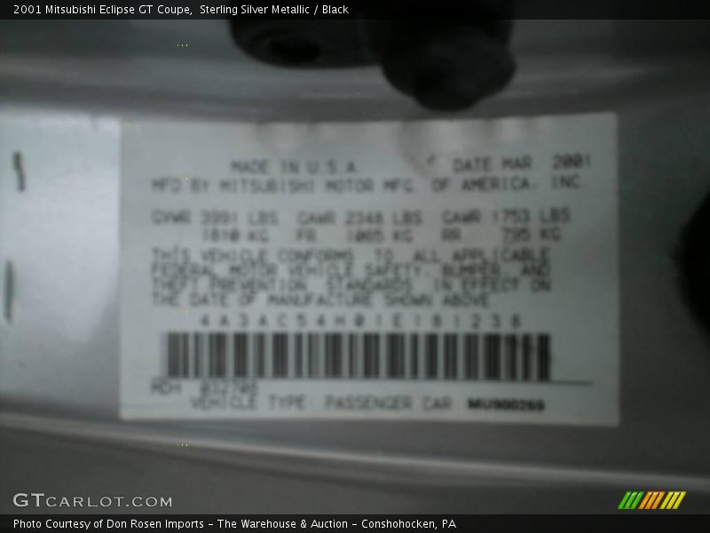 Sterling Silver Metallic / Black 2001 Mitsubishi Eclipse GT Coupe