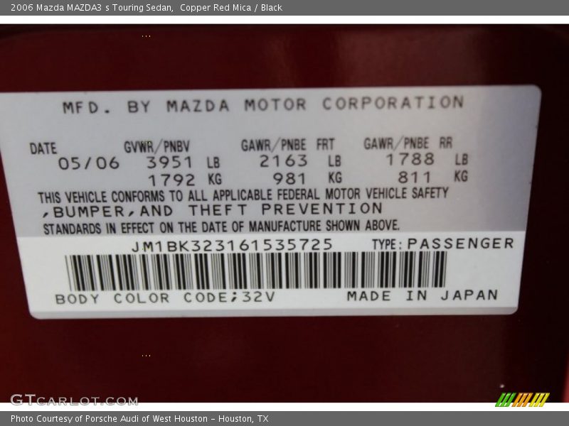 2006 MAZDA3 s Touring Sedan Copper Red Mica Color Code 32V