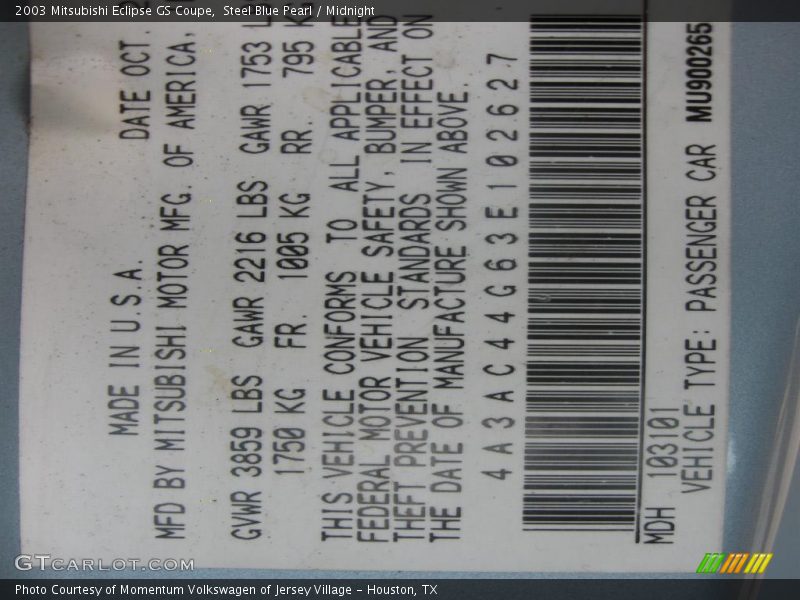 Steel Blue Pearl / Midnight 2003 Mitsubishi Eclipse GS Coupe