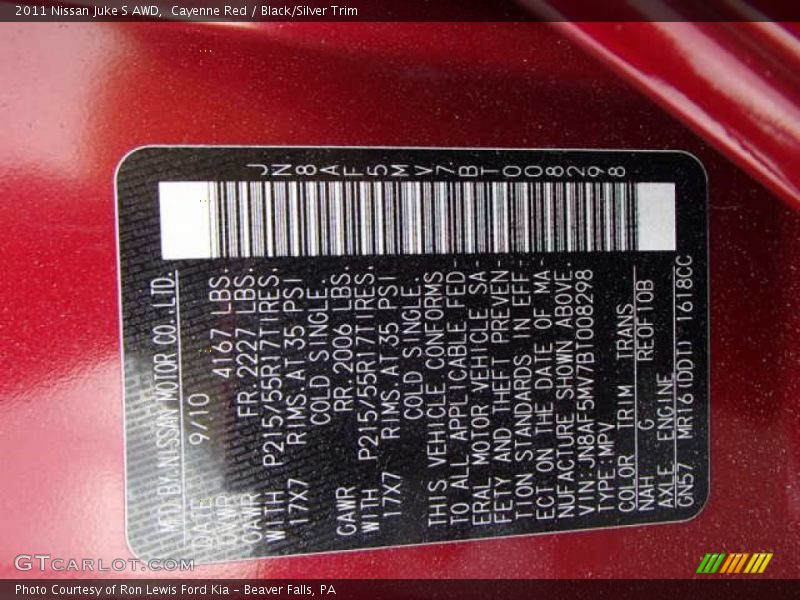 Cayenne Red / Black/Silver Trim 2011 Nissan Juke S AWD