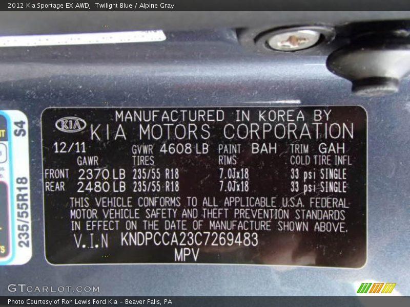 2012 Sportage EX AWD Twilight Blue Color Code BAH