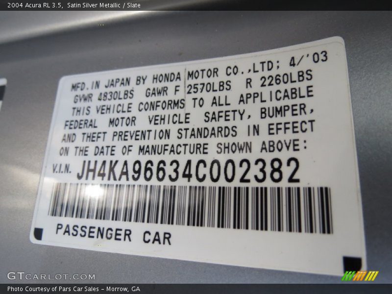 Info Tag of 2004 RL 3.5