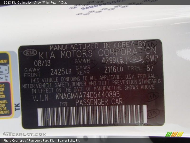 Snow White Pearl / Gray 2013 Kia Optima LX