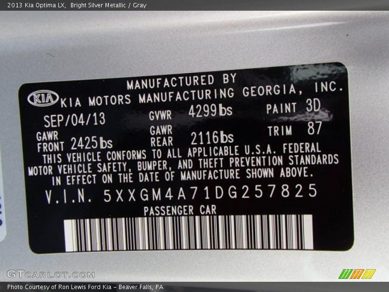 Bright Silver Metallic / Gray 2013 Kia Optima LX