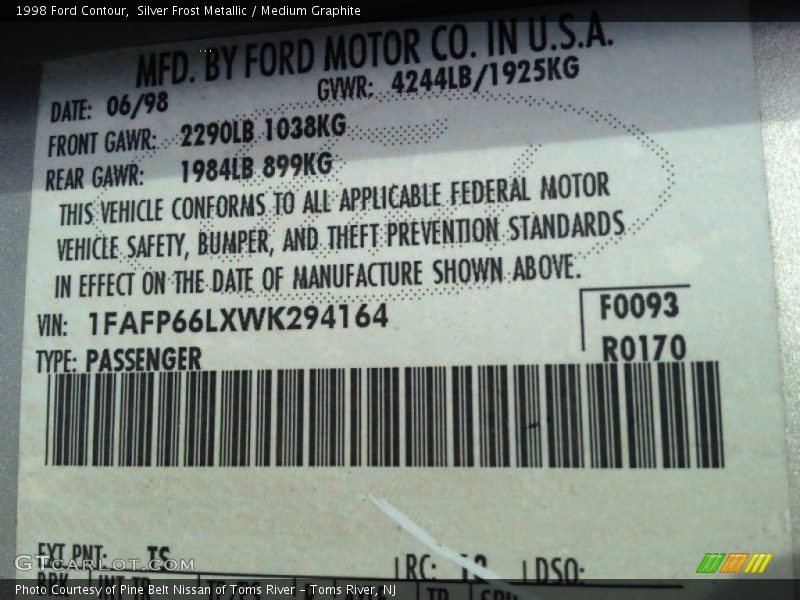 1998 Contour  Silver Frost Metallic Color Code TS