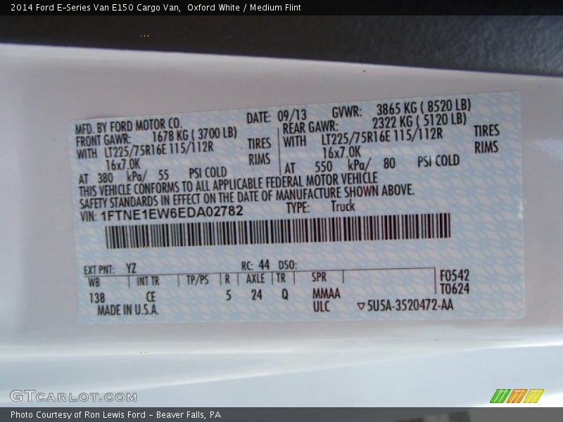 2014 E-Series Van E150 Cargo Van Oxford White Color Code YZ