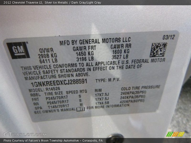 Silver Ice Metallic / Dark Gray/Light Gray 2012 Chevrolet Traverse LS