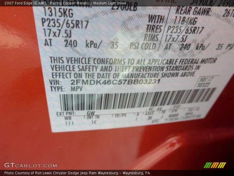 Blazing Copper Metallic / Medium Light Stone 2007 Ford Edge SE AWD