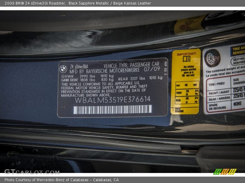 Black Sapphire Metallic / Beige Kansas Leather 2009 BMW Z4 sDrive30i Roadster