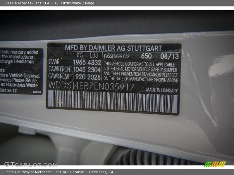 2014 CLA 250 Cirrus White Color Code 650