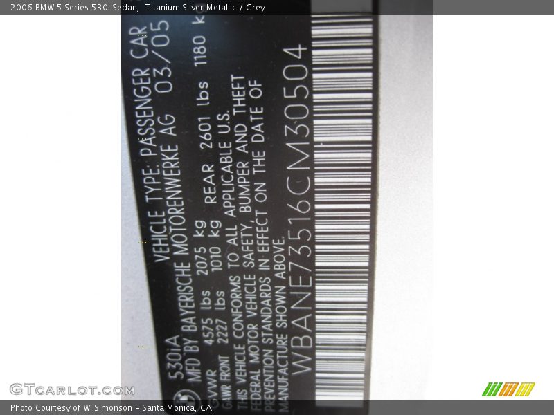 Titanium Silver Metallic / Grey 2006 BMW 5 Series 530i Sedan