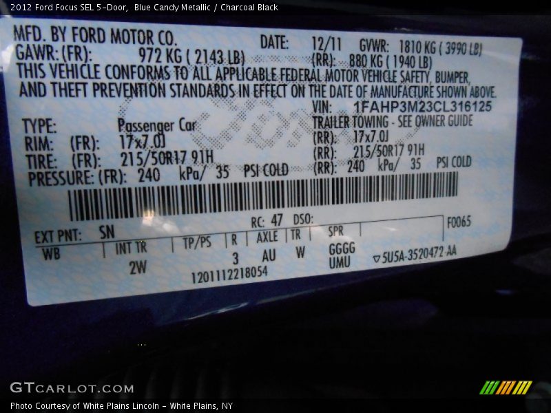 Blue Candy Metallic / Charcoal Black 2012 Ford Focus SEL 5-Door