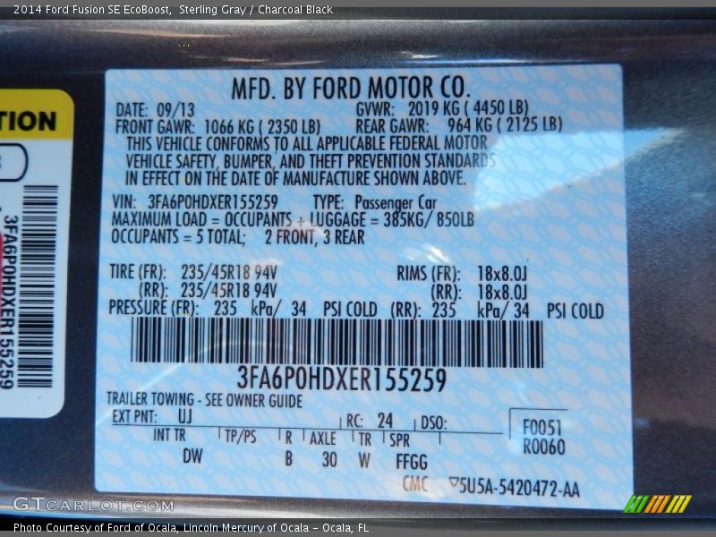 Sterling Gray / Charcoal Black 2014 Ford Fusion SE EcoBoost