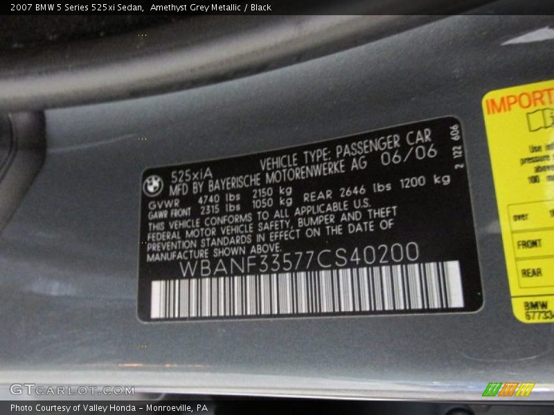 Amethyst Grey Metallic / Black 2007 BMW 5 Series 525xi Sedan