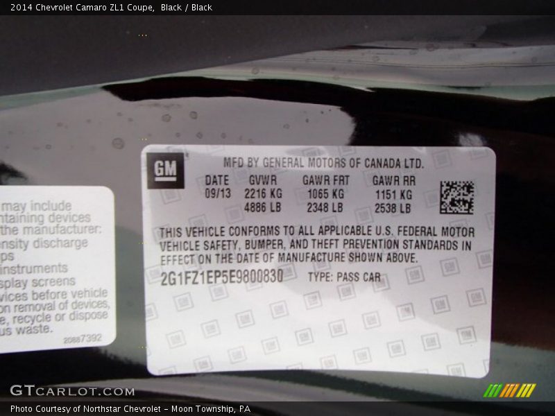 Info Tag of 2014 Camaro ZL1 Coupe