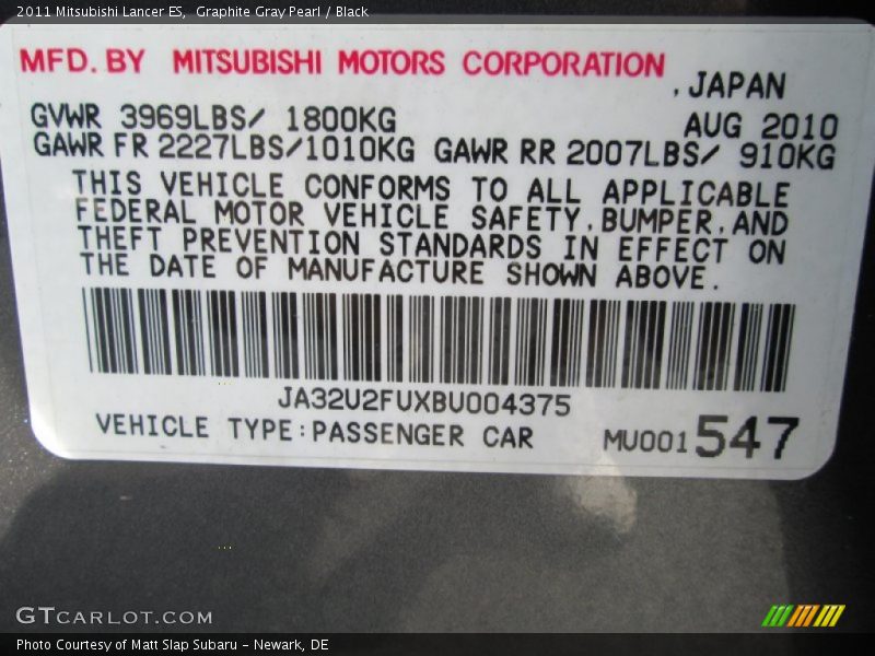 Graphite Gray Pearl / Black 2011 Mitsubishi Lancer ES