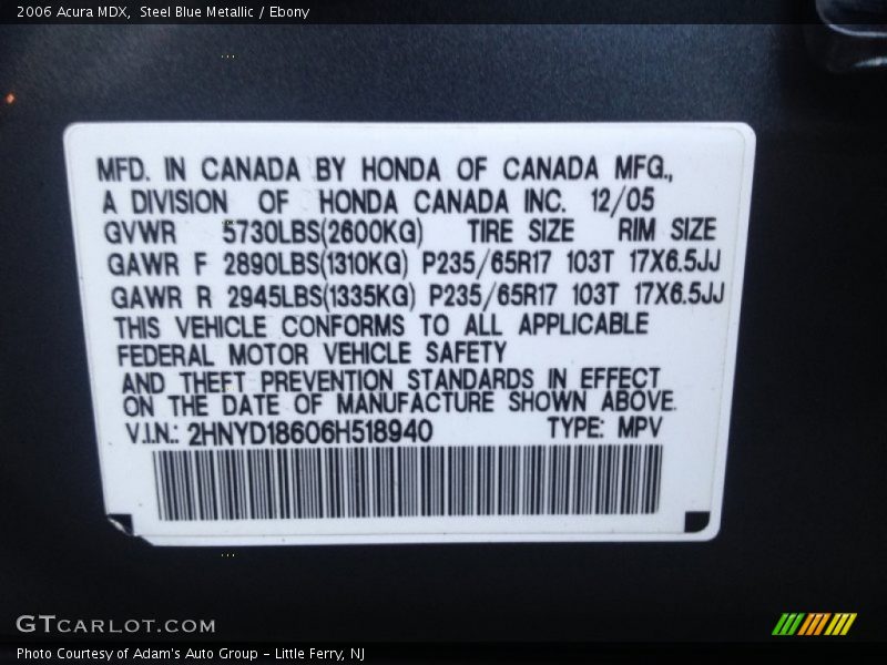 Steel Blue Metallic / Ebony 2006 Acura MDX
