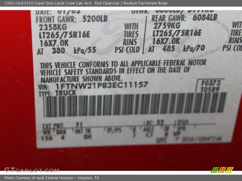 Red Clearcoat / Medium Parchment Beige 2003 Ford F250 Super Duty Lariat Crew Cab 4x4