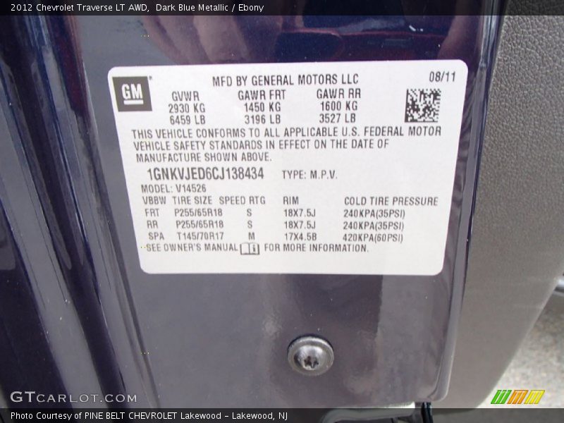 Dark Blue Metallic / Ebony 2012 Chevrolet Traverse LT AWD