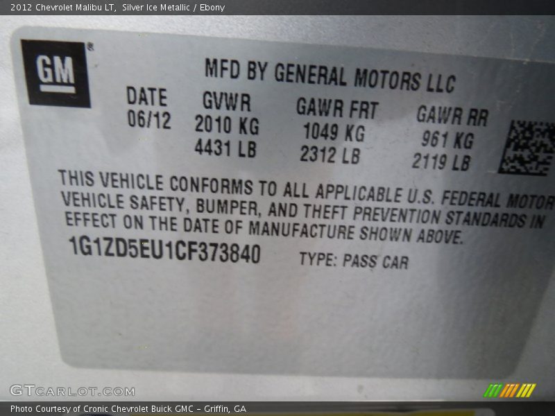 Silver Ice Metallic / Ebony 2012 Chevrolet Malibu LT