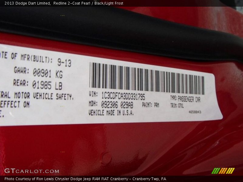 Redline 2-Coat Pearl / Black/Light Frost 2013 Dodge Dart Limited