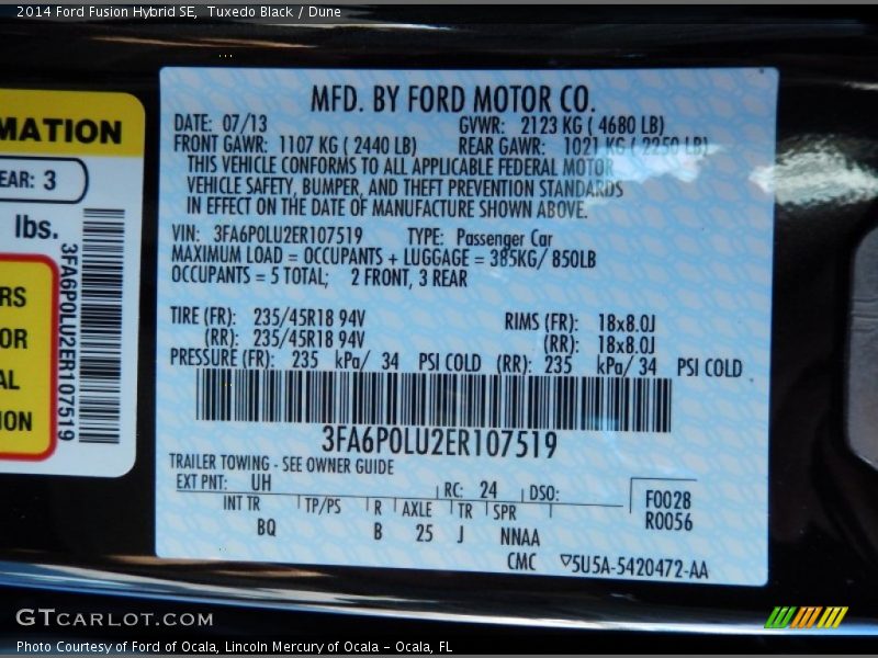 2014 Fusion Hybrid SE Tuxedo Black Color Code UH