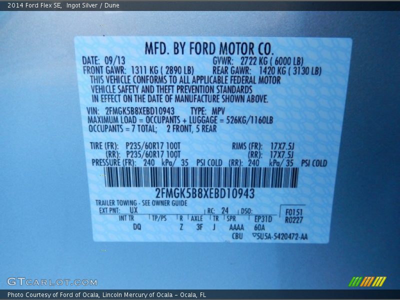 2014 Flex SE Ingot Silver Color Code UX