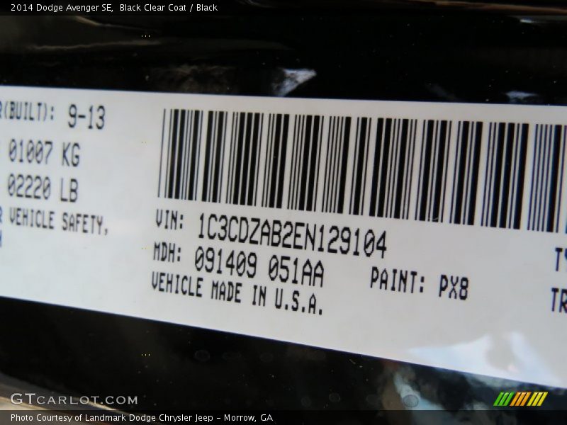 Black Clear Coat / Black 2014 Dodge Avenger SE