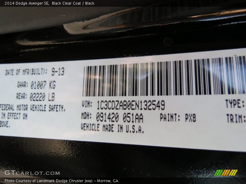 Black Clear Coat / Black 2014 Dodge Avenger SE