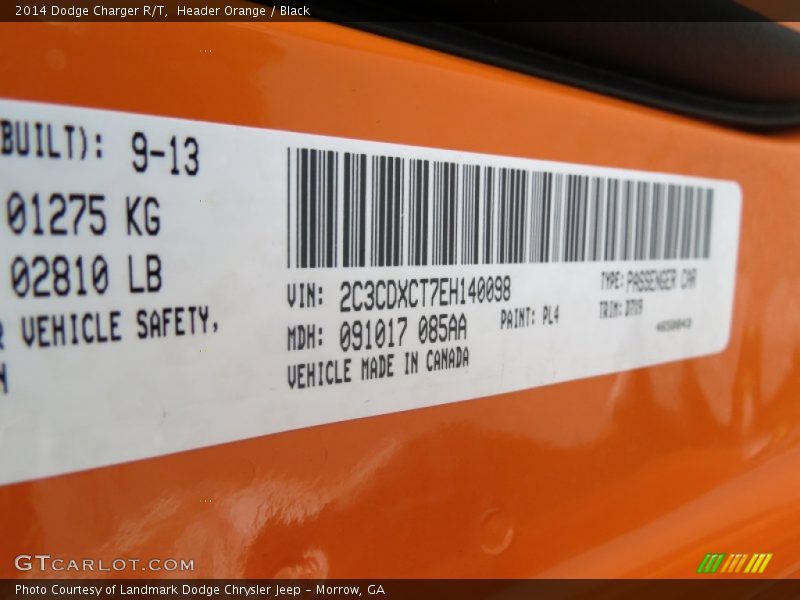 2014 Charger R/T Header Orange Color Code PL4