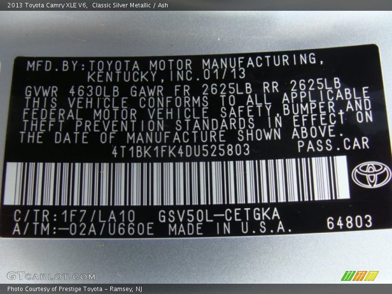 Classic Silver Metallic / Ash 2013 Toyota Camry XLE V6