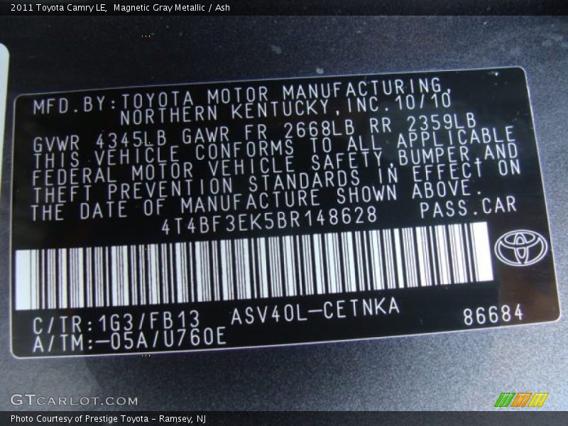 Magnetic Gray Metallic / Ash 2011 Toyota Camry LE