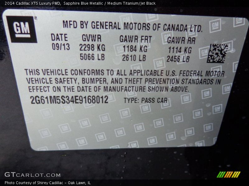 Sapphire Blue Metallic / Medium Titanium/Jet Black 2014 Cadillac XTS Luxury FWD